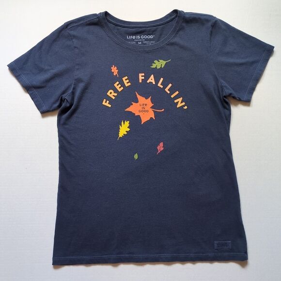 Life Is Good Crusher Tee Free Fallin Leaves Navy Short Sleeve T-Shirt Womens M - Picture 1 of 9